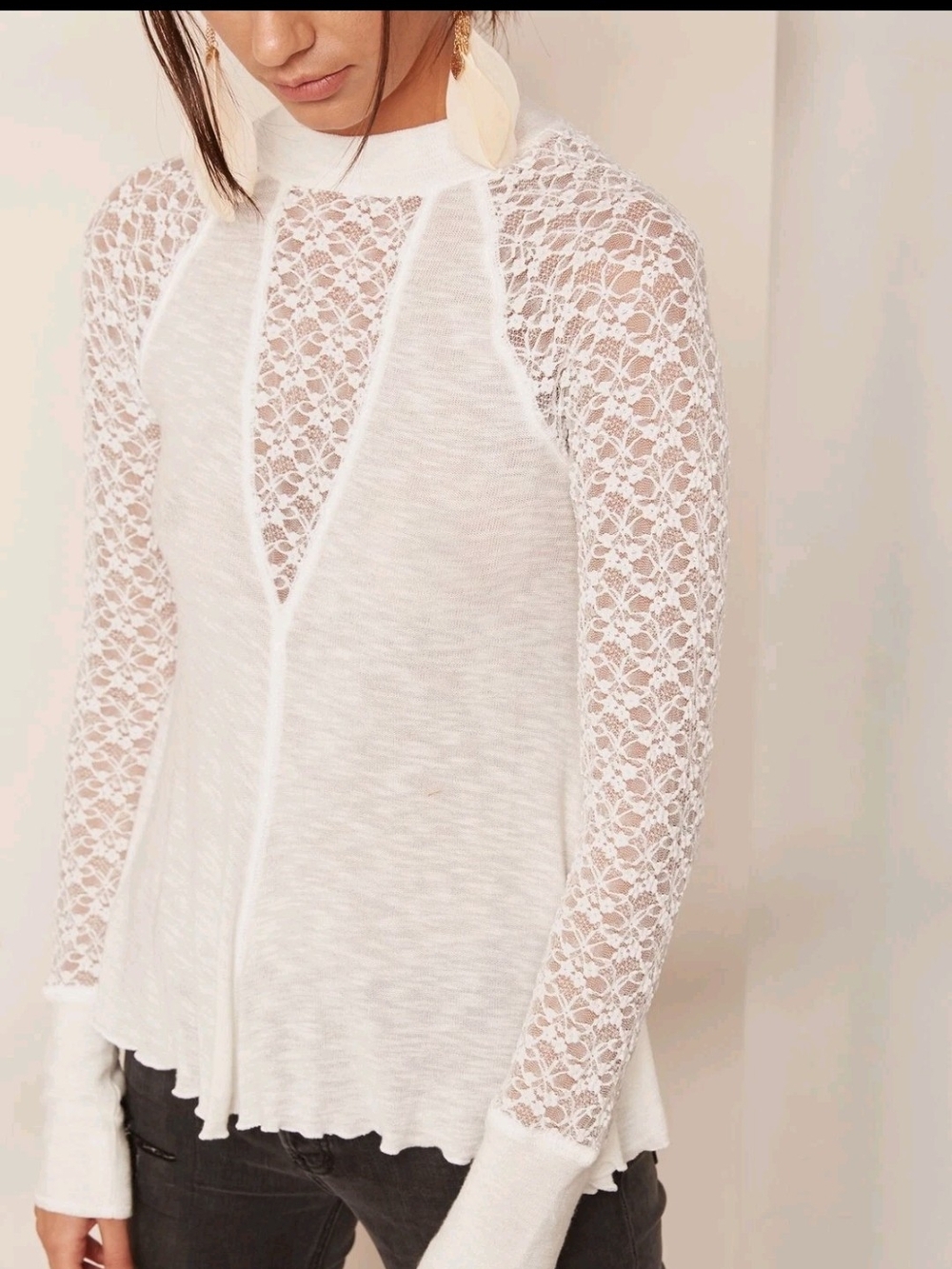 Free People No Limits White Lace-Inset Long Sleeve Tunic Med